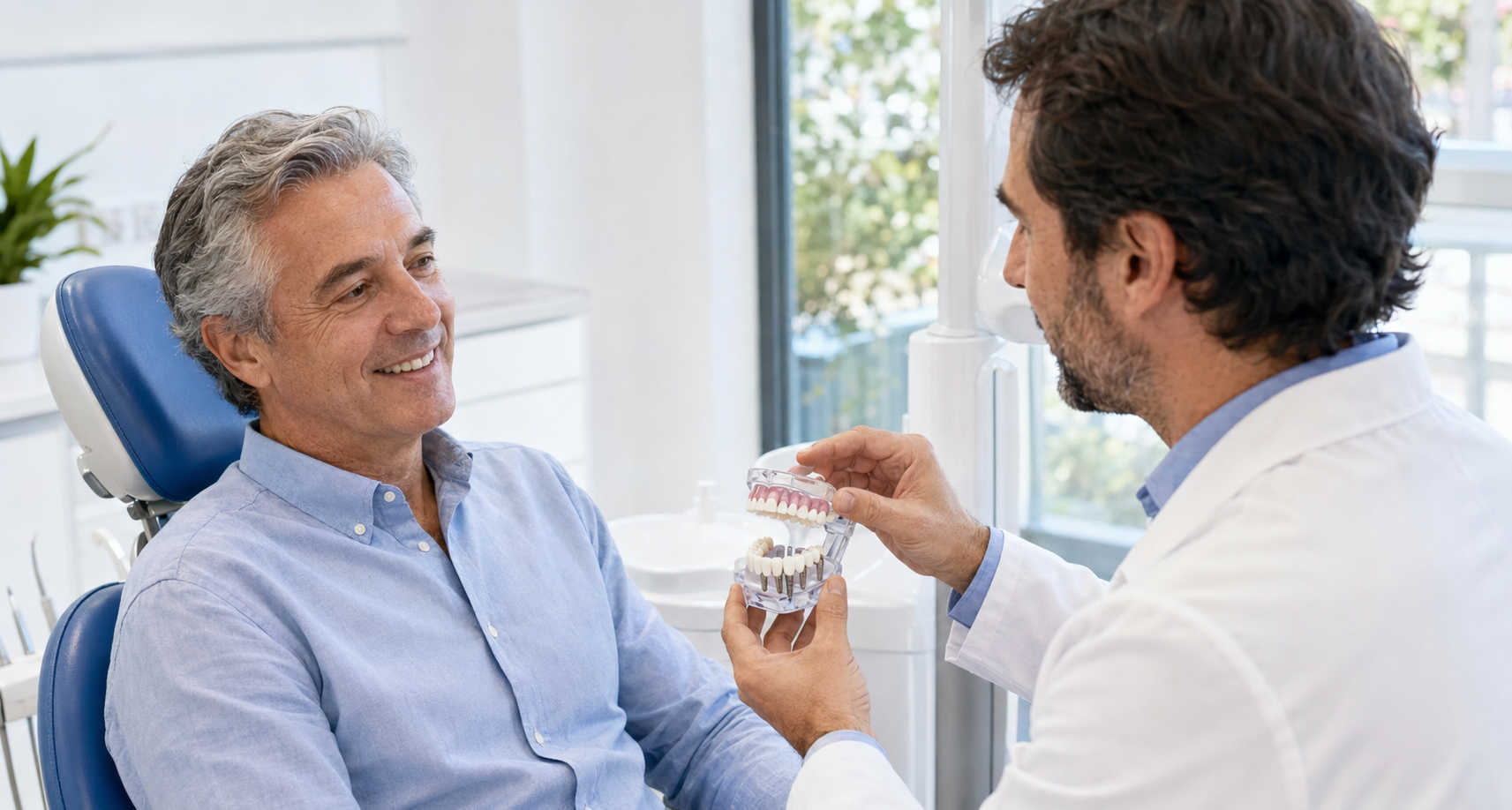 Paciente valorando un tratamiento de dientes fijos en un día